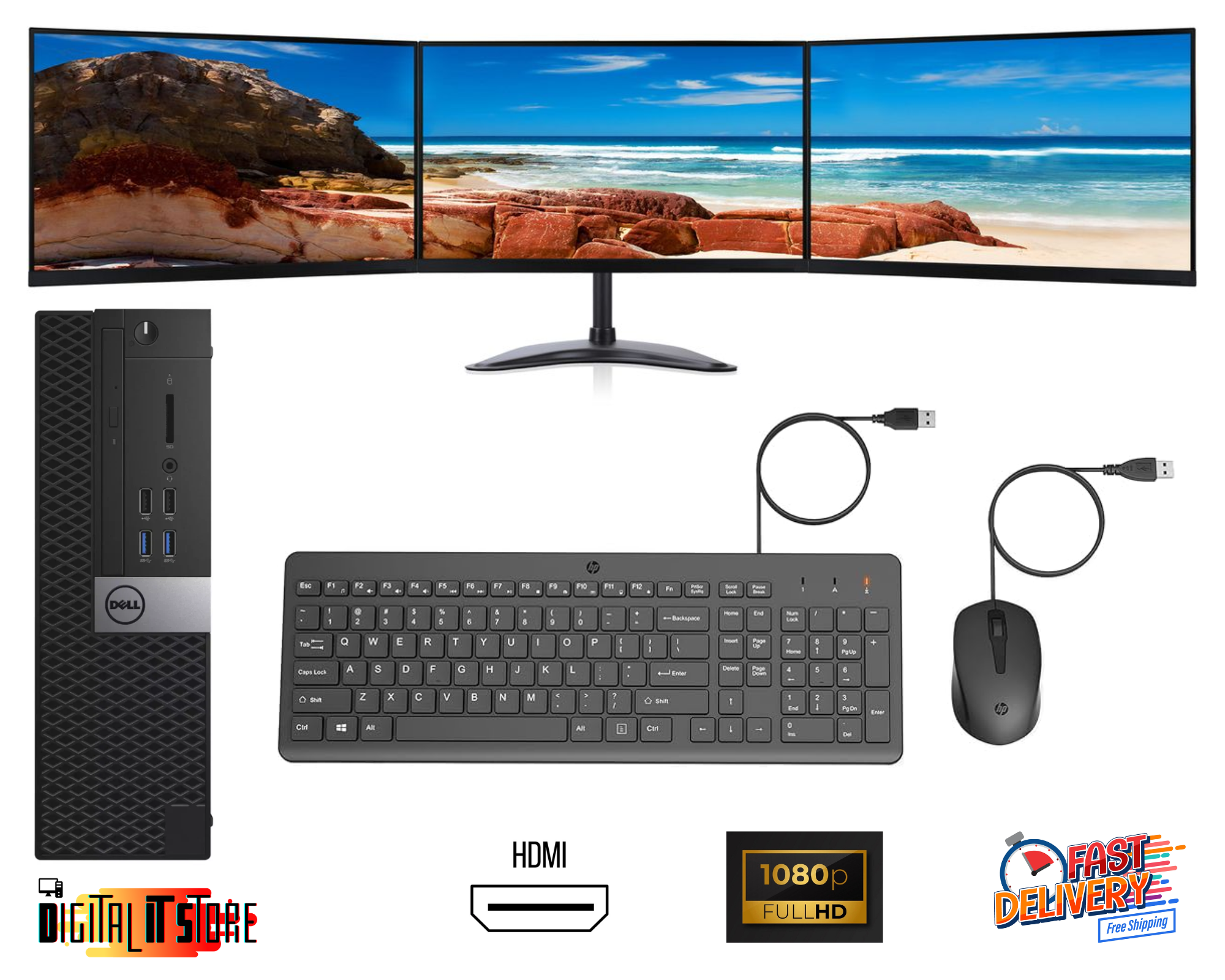 Dell/HP PC Computer Bundle with 3x24" Triple Monitors 8GB 250GB SSD Win 11 Pro - Digital IT Store