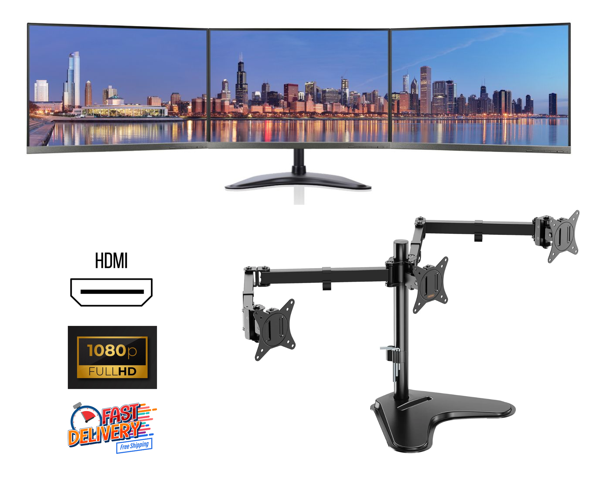 Frameless Triple Monitor Screen bundle 3X24" Full HD IPS HDMI Monitors With Brand New Triple Stand - Digital IT Store