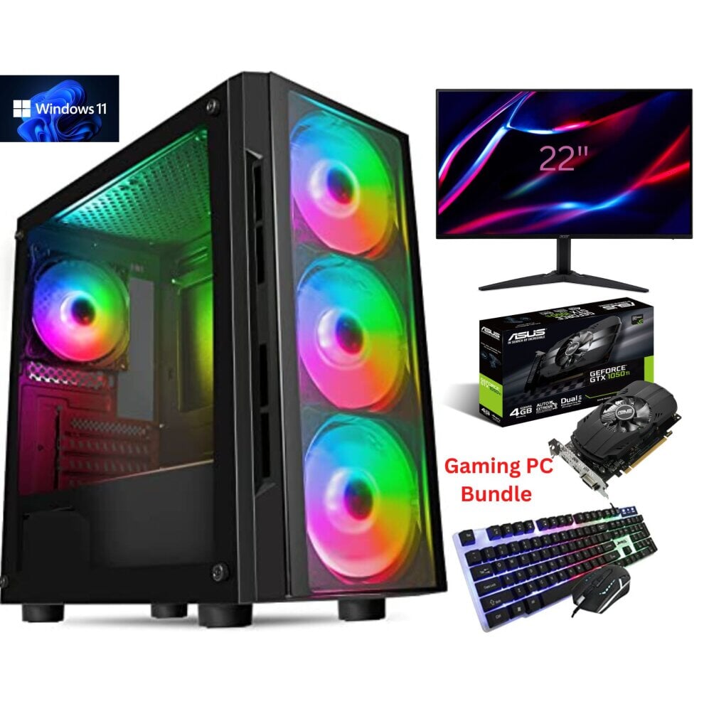 Gaming PC Bundle GTX1050ti Corei5 1TB+ 120GB WiFi 16GB 4RGB Fan 22" Refurbished Monitor Full HD - Digital IT Store